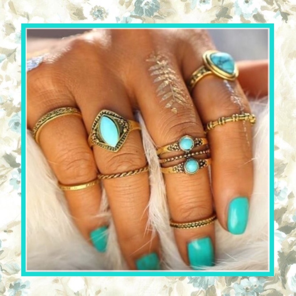 🌸8PC GOLD TURQUOISE KNUCKLE RINGS BLUE BOHO CHIC